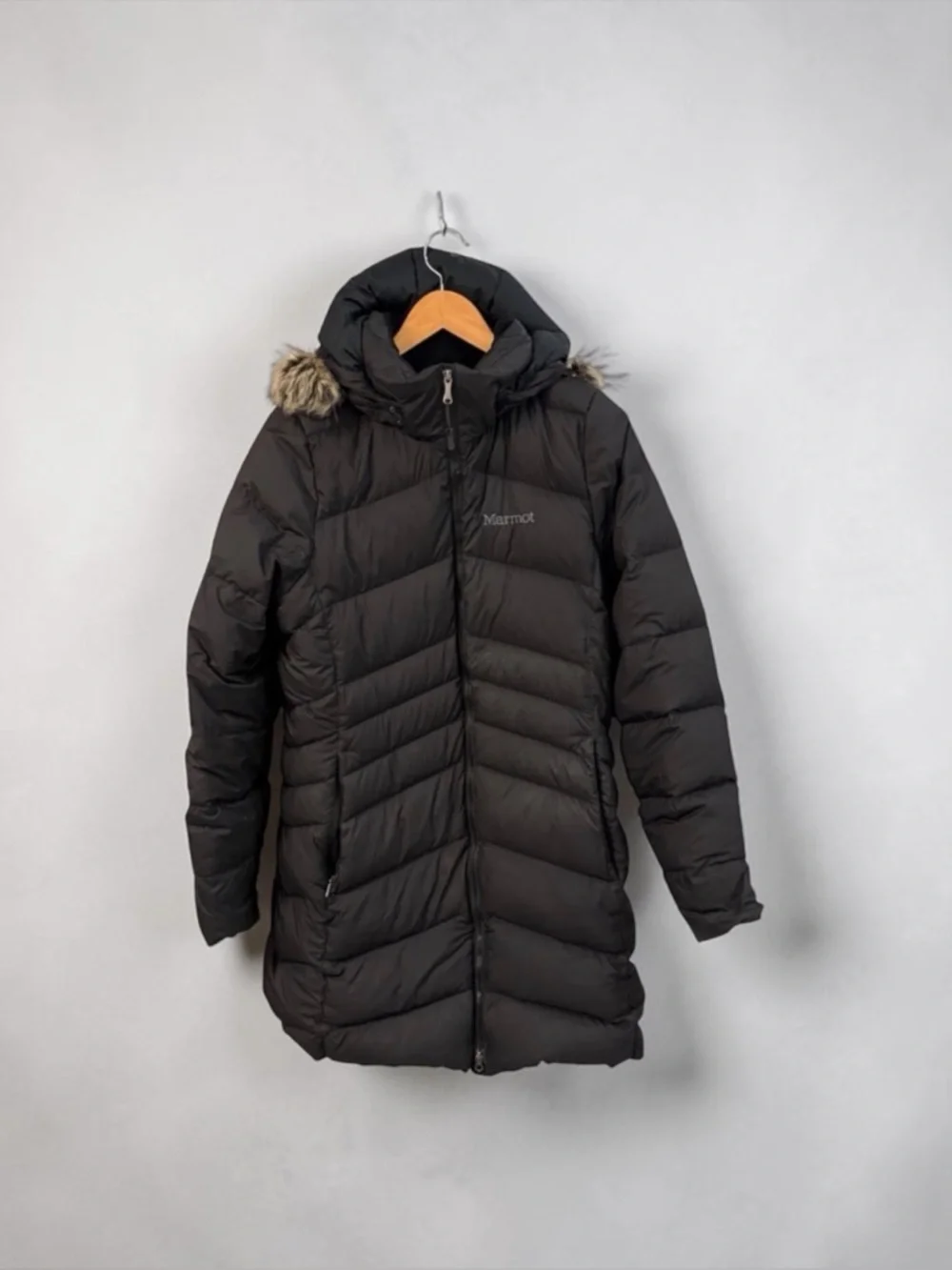 MARMOT MONTREAL BLACK LONG PUFFER COAT FAUX FUR HOOD SIZE LARGE